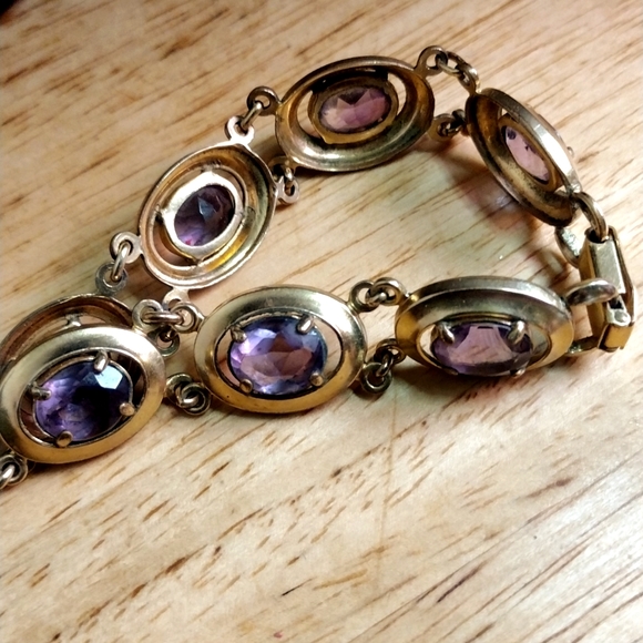 BINDER BROTHERS GOLD FILLED DESIGNER AMETHYST  BRACELET, 1940'S, 7 INCH. SIGNED - Picture 3 of 8